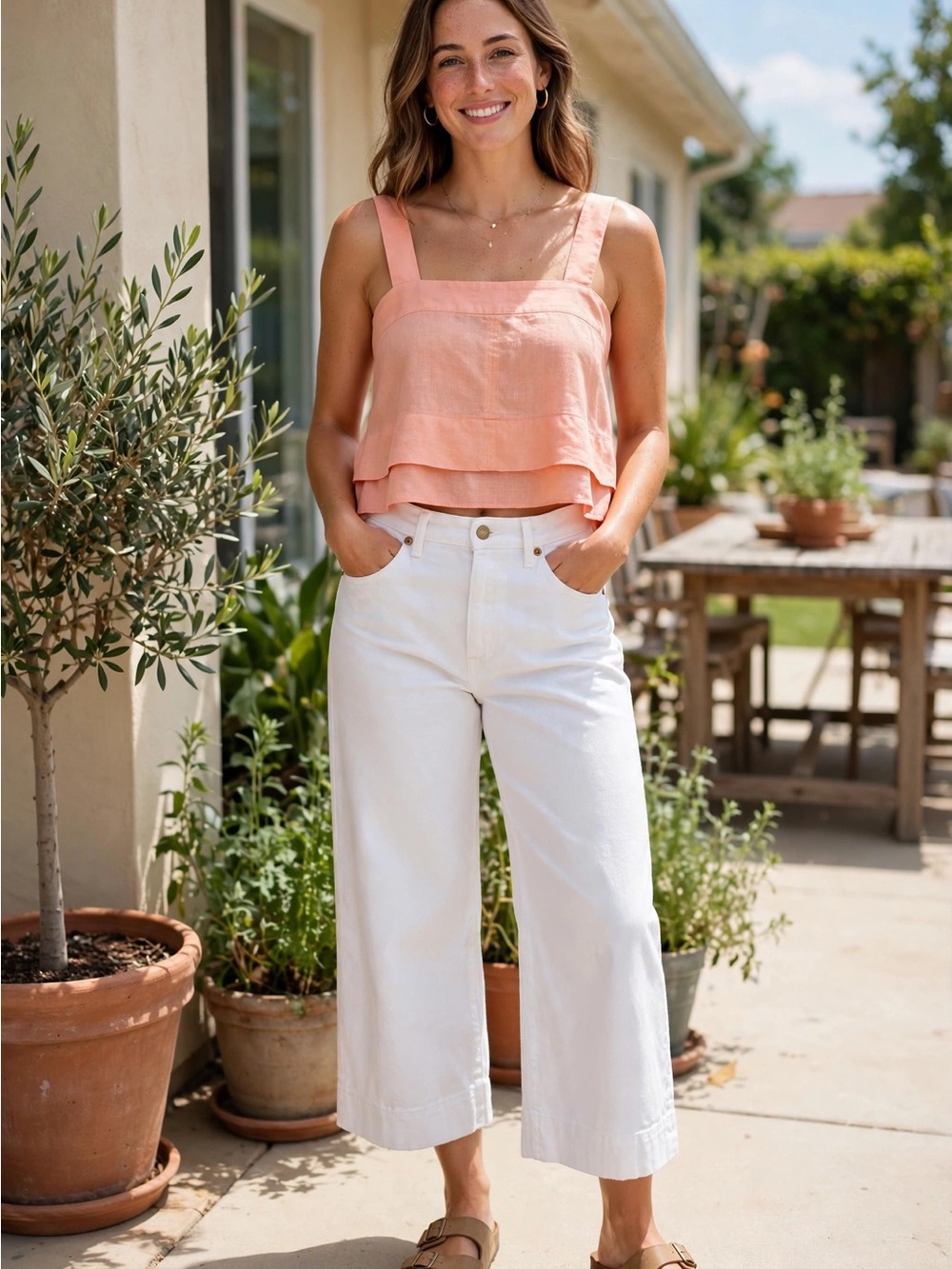 DKNY Pure 100% Linen Square Neck Crop Tank Top Peach Coral Size M